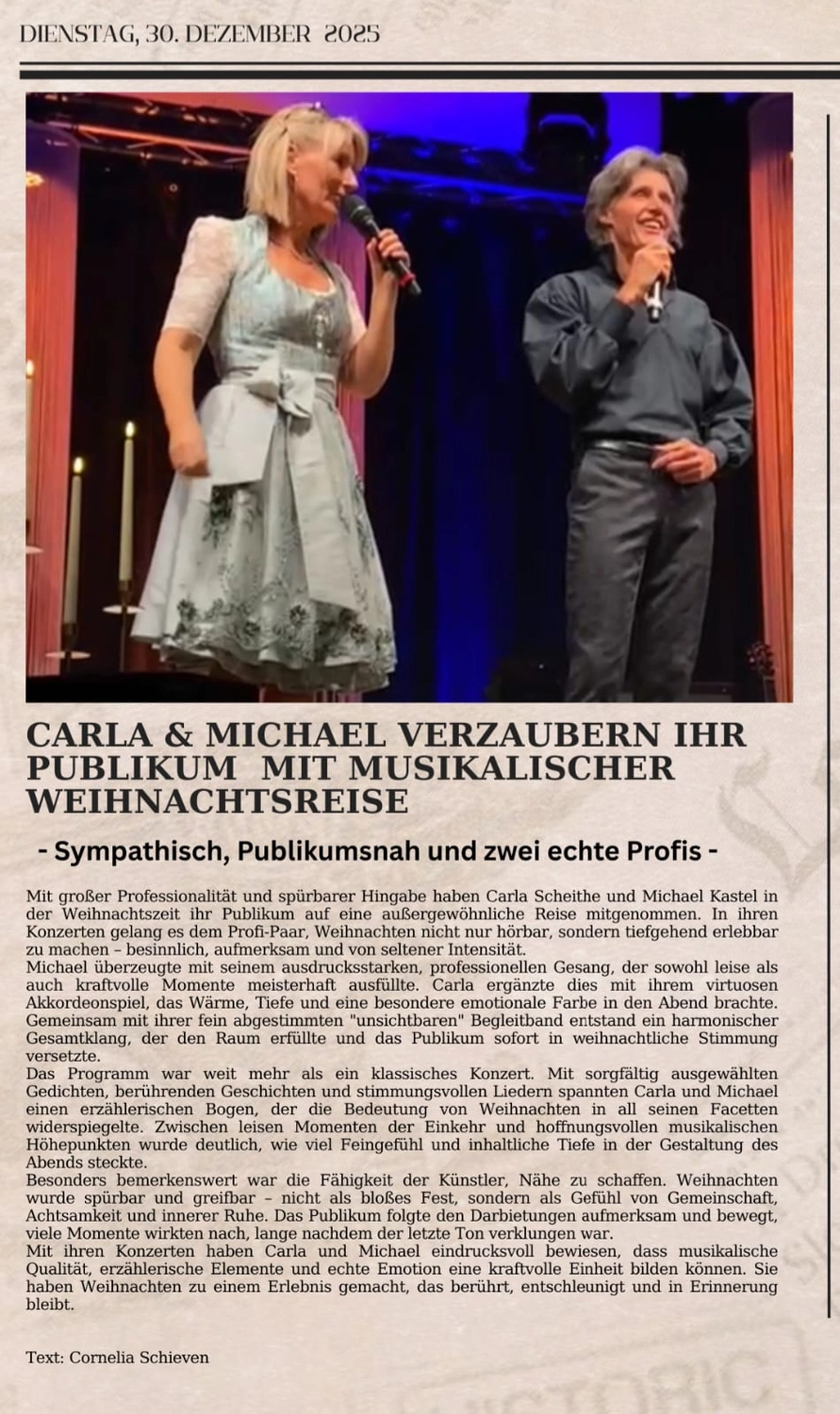 Sänger - Schlagersänger für Tanzveranstaltungen & Konzerte - Weihnschtskonzerte "Carla & Michael" in der Zeitung